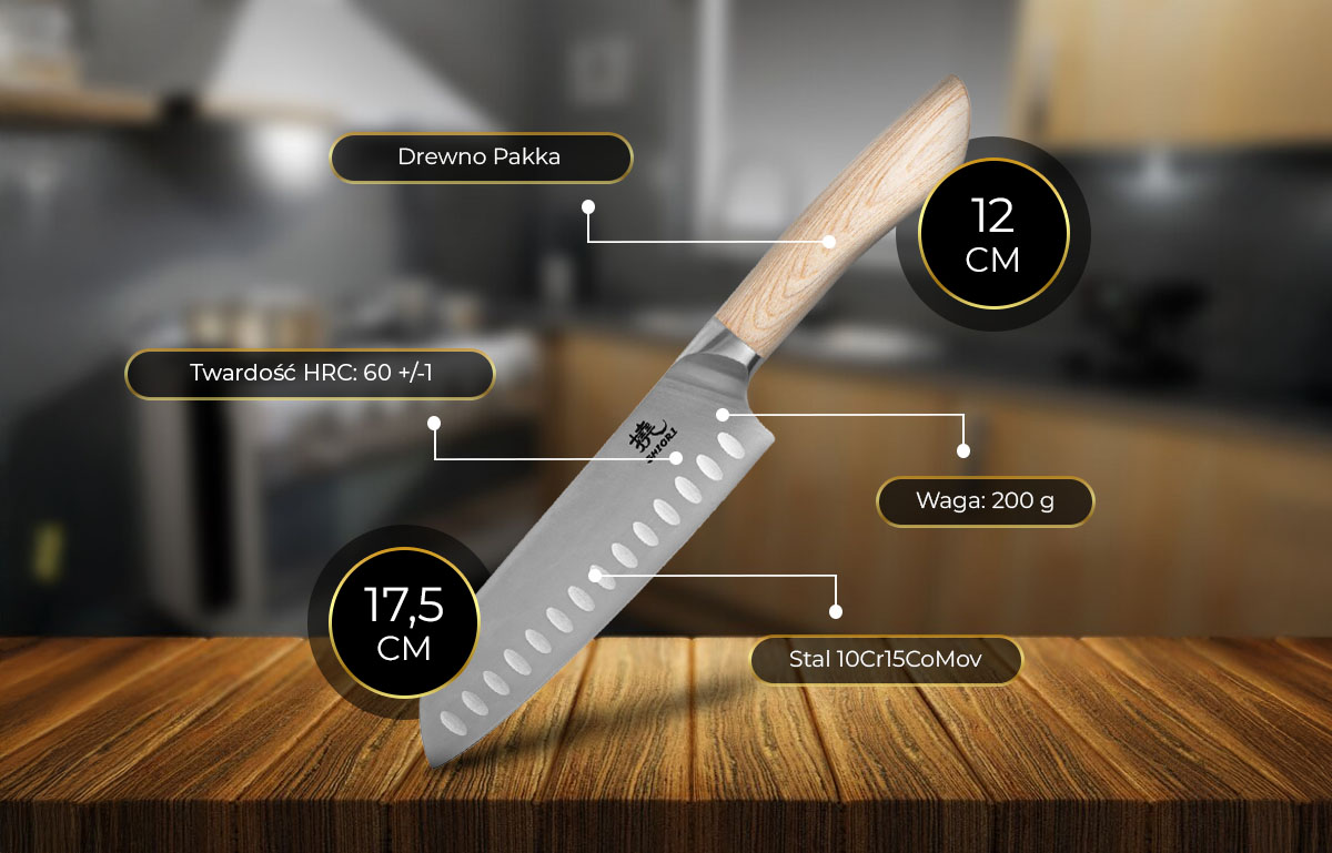 Duży, idealnie wywarzony nóż Shiori Shinogi Santoku ze stali 10CR15MoV - specyfikacja techniczna