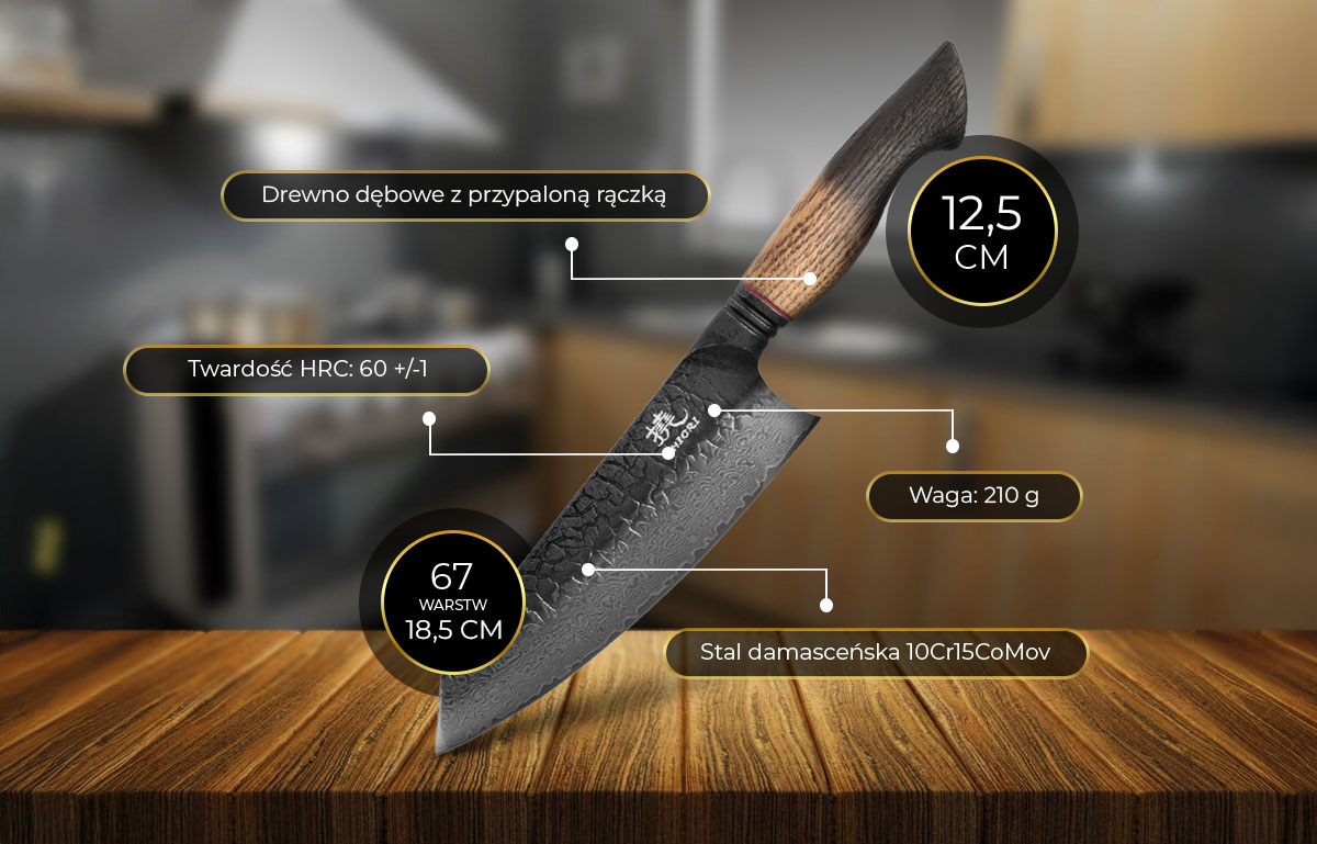 Duży, idealnie wywarzony nóż Shiori 撓 Homura Santoku ze stali damasceńskiej, rekojeść z drewna dębowego z przypaloną rączką - specyfikacja techniczna
