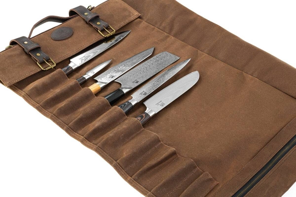 Shiori 撓 pokrowiec na noże z woskowanego płótna z elementami ze skóry naturalnej