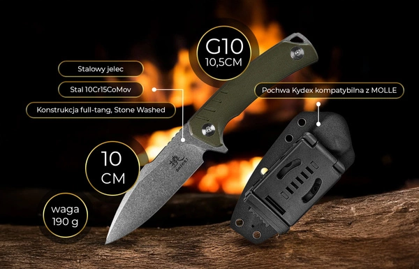 Shiori 撓 Midori No-Shi - nóż mysliwski/taktyczny full-tang ze stali 10Cr15CoMov, Stone Washed