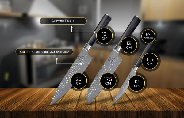 Shiori 3-Set 撓 Kuri Murō + Santoku + Sifu - zestaw trzech noży ze stali damasceńskiej