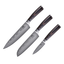 Shiori 3-Set 撓 Chairo Shōto + Santoku + Sifu - zestaw trzech noży ze stali damasceńskiej