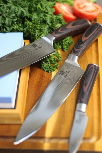 Shiori 3-Set 撓 Chairo Shōto + Santoku + Sifu - zestaw trzech noży ze stali damasceńskiej